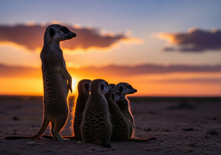 A group of meerkats, with one standing sentinel, are silhouetted against the vibrant orange and purple hues of an african sunset. this wildlife scene captures their characteristic vigilance.の素材