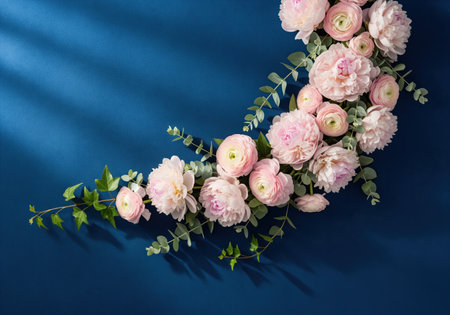 A beautiful, asymmetric arrangement of pale blush pink peonies and ranunculus flowers accented with eucalyptus and ivy, set against a rich navy blue surface with dramatic shadows.の素材