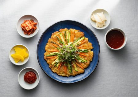 An overhead shot of korean pajeon, a savory pancake topped with julienned carrots and zucchini, served on a blue plate surrounded by kimchi, pickled radish, and dipping sauces.の素材