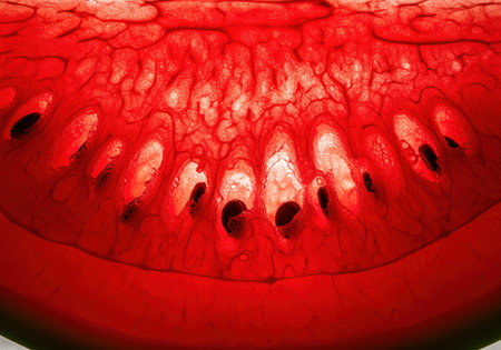A detailed, backlit macro view of fresh watermelon pulp. the vibrant red flesh and embedded black seeds create a striking, abstract pattern suitable for food and health concepts.の素材