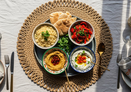 An artistic overhead photograph presents a deconstructed mezze platter, featuring fluffy couscous, roasted bell pepper salad, creamy hummus, and yogurt dip served with pita bread.の素材