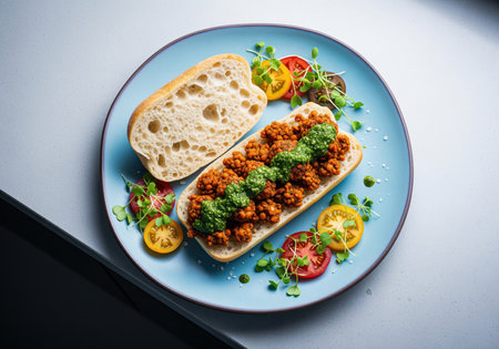 Overhead view of a gourmet vegan open faced sandwich featuring savory plant based crumbles and vibrant pesto sauce on crusty bread. garnished with fresh microgreens and colorful tomatoes, perfect for healthy dining concepts.の素材