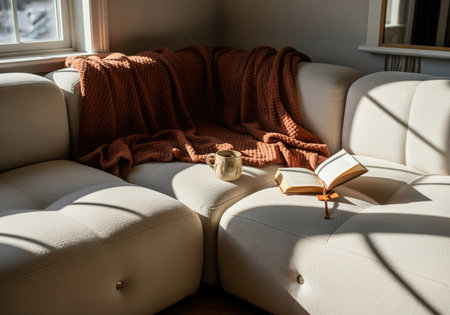 A cozy interior scene featuring a cream modular sofa draped with a textured terracotta blanket. direct sunlight highlights an open book on a stand and a coffee mug, evoking comfort and relaxation.の素材