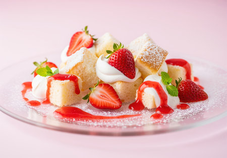 A close up studio shot of a gourmet deconstructed strawberry shortcake featuring fluffy cake cubes, fresh berries, whipped cream, and vibrant red sauce.の素材