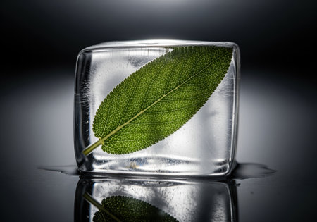Close up view of a fresh, textured sage leaf suspended inside a square block of ice, emphasizing freshness, preservation, and cooling concepts.の素材