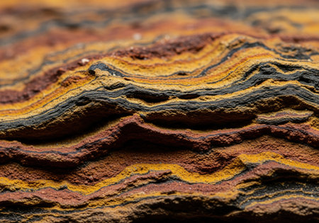 Detailed macro photograph capturing the rich, wavy layers of a geological specimen. the texture features bands of red, yellow, and black minerals, ideal for abstract backgrounds.の素材