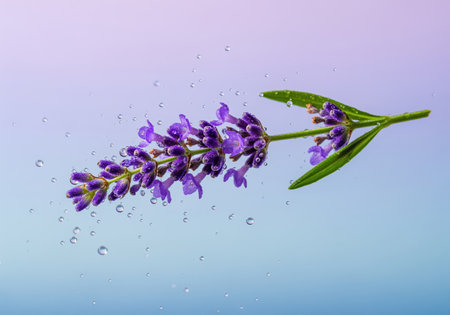 A beautiful purple lavender flower stem is suspended, covered in glistening water droplets, suggesting freshness, aromatherapy, and natural beauty products.の素材