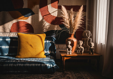 An eclectic bohemian interior scene featuring a mustard yellow knitted pillow on a tie dye couch, illuminated by warm sunlight and dramatic shadows.の素材