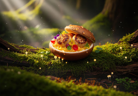 A whimsical miniature meal featuring savory patties and golden grains served inside a halved mushroom cap, resting on moss in a sunlit forest.の素材