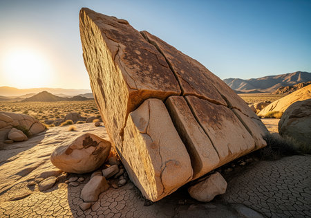 A monumental, fractured granite slab leans sharply on the cracked earth of a vast desert valley, bathed in the warm, dramatic light of sunset.の素材