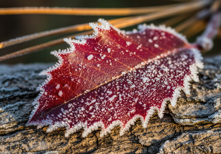 A dramatic macro photograph capturing a deep red serrated leaf heavily dusted with sparkling white hoarfrost, resting on textured tree bark. this image evokes winter, cold, and seasonal change.の素材