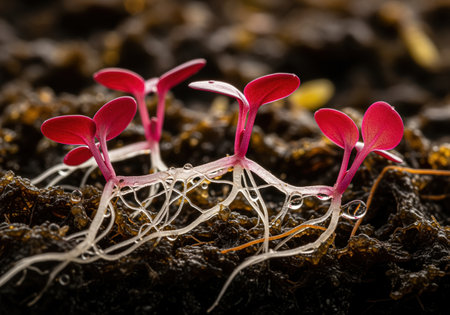 Extreme macro photograph capturing the delicate white root system of vibrant red microgreen sprouts anchored in dark, moist soil, highlighted by water droplets.の素材