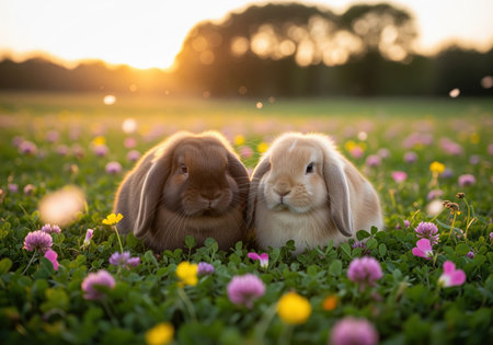 A pair of fluffy lop eared rabbits, one brown and one cream, sit nestled among pink clover and wildflowers during a beautiful golden hour sunset. this charming scene evokes spring, easter, and peaceful nature.の素材