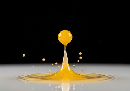 A perfect sphere of thick, golden yellow liquid is captured mid air, suspended atop a rising column during a high speed droplet collision.の素材