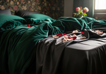 Close up view of an unmade bed featuring a deep emerald green velvet duvet and dark satin sheets scattered with red and pink rose petals. this conveys romance and luxury.の素材
