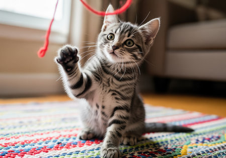 A cute grey and black striped tabby kitten sits on a colorful rug, raising its paw to catch a red string, showing playful energy.の素材