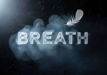 The glowing word BREATH emerges from a cloud of ethereal smoke, accompanied by a delicate white feather floating above, symbolizing lightness and air.の素材