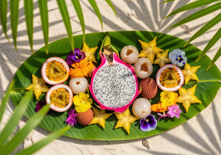 A colorful and imaginative flat lay arrangement of exotic fruits including sliced pitaya, passion fruit, star fruit, and lychees displayed on a banana leaf.の素材