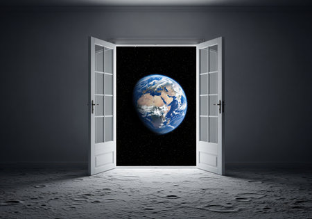 Open white doors reveal the planet earth floating in space, viewed from a dark room situated on the cratered surface of the moon. this represents new beginnings.の素材