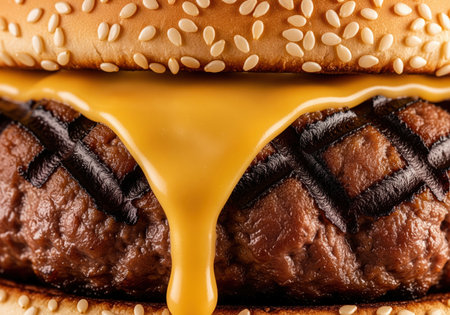 Extreme close up view highlighting the rich texture of a grilled hamburger patty covered in thick, golden melted cheddar cheese dripping down the side.の素材