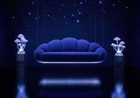 A surreal, futuristic interior design scene featuring a suspended, shell shaped blue sofa illuminated by neon light, flanked by glowing mushroom sculptures.の素材