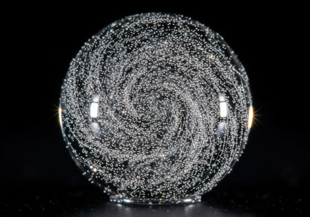 Transparent crystal ball containing a mesmerizing, dense spiral of bright microbubbles or nanoparticles, creating an abstract, cosmic effect.の素材