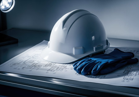 White hard hat and blue work gloves resting on technical drawings, emphasizing safety protocols and planning in engineering and construction projects.の素材
