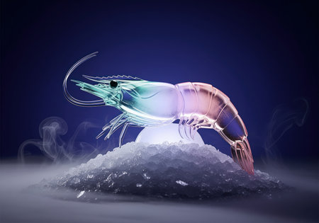 A stunning artistic depiction of a translucent prawn sculpture made of crystal, illuminated by vibrant neon colors, displayed dramatically on a bed of crushed ice and cold fog.の素材