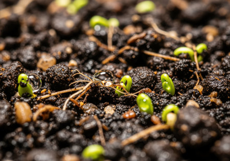 Extreme close up of new life showing tiny green seedlings germinating in rich, dark soil, highlighted by glistening water droplets. this image symbolizes growth, agriculture, and new beginnings.の素材