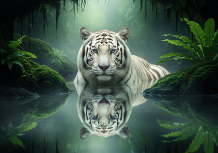 A rare and majestic white tiger with striking blue eyes rests partially submerged in a calm jungle pool, creating a perfect reflection on the water surface. this powerful wildlife image conveys mystery and conservation themes.の素材