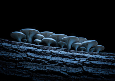 Pale oyster mushrooms cluster tightly, illuminated dramatically against a dark background, showcasing their delicate gills and growth on rough, textured wood bark.の素材