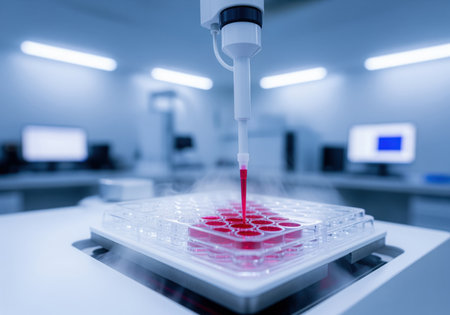 An automated robotic pipette precisely dispenses a red biological sample into a microplate for high throughput screening and scientific analysis in a research lab.の素材