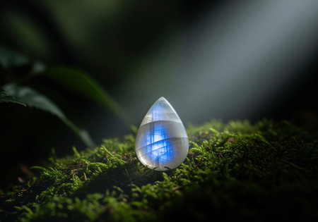 A close up view of a polished, teardrop shaped moonstone cabochon displaying a powerful internal blue glow. this precious feldspar gemstone is often used in high end jewelry and spiritual practices.の素材