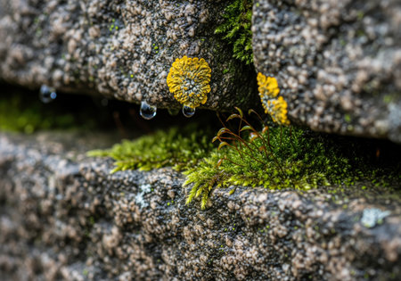 Clear water droplets hang precariously above vibrant green moss and yellow lichen thriving in a crevice of rough, textured granite stone.の素材