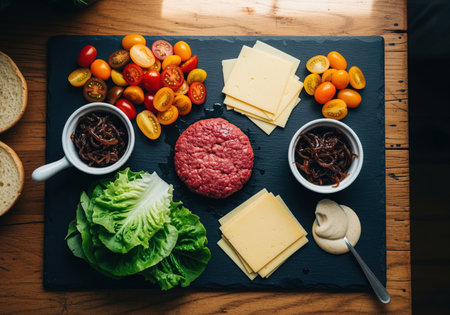 Overhead flat lay shot of premium burger ingredients including raw ground beef, sliced cheese, fresh lettuce, and colorful cherry tomatoes arranged on a dark slate board.の素材