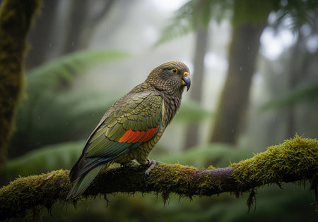 A beautiful kea parrot, known for its intelligence and olive green plumage with striking orange underwings, sits on a moss covered branch in a foggy forest environment.の素材