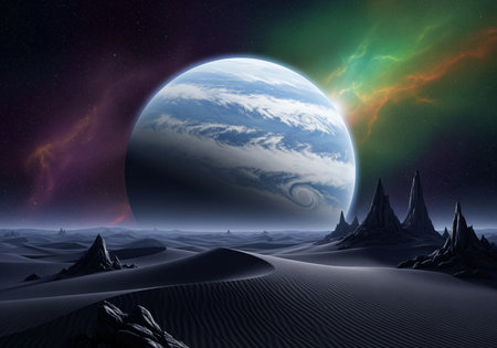 A massive, cloudy blue exoplanet dominates the sky above a dark, desolate alien desert filled with sharp rock spires and illuminated by a colorful cosmic nebula.の素材