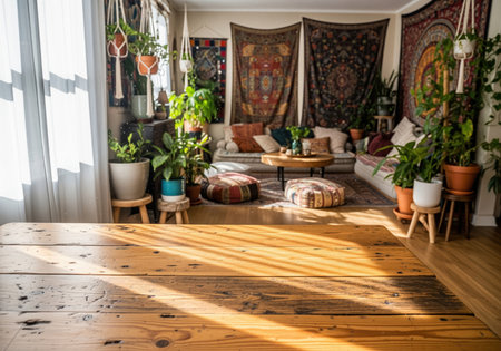 Rustic distressed wood table surface bathed in warm sunlight, featuring prominent grain and imperfections. this foreground provides excellent copy space for product display against a cozy, blurred interior background.の素材
