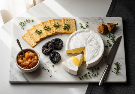 A gourmet cheese board featuring a creamy wheel of brie, golden crackers, dried figs, and a bowl of sweet apricot chutney, perfect for entertaining.の素材