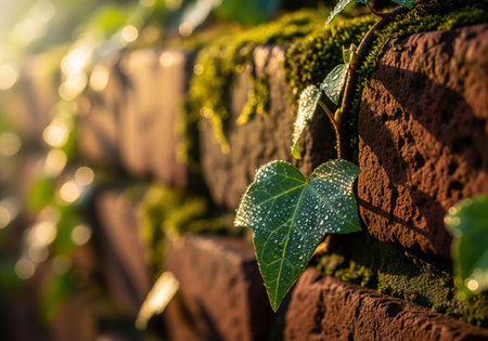 A detailed macro shot of a vibrant green ivy leaf covered in fresh dew drops, illuminated by warm morning sunlight against a textured, moss covered brick wall.の素材
