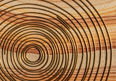 A close up view of a shiny golden brass wire arranged in a large, continuous, abstract spiral pattern, emphasizing geometry and metallic texture.の素材