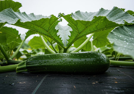 Single, glossy dark green zucchini covered in dew drops, growing horizontally beneath the protective canopy of large, wet leaves in an organic garden.の素材