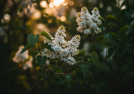 White lilac flowers blooming on a branch, captured in soft focus against a dark, bokeh background. warm golden sunlight filters through the trees, highlighting the delicate petals and green leaves. represents spring beauty and tranquility.の素材