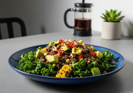 Refreshing kale and quinoa salad topped with avocado, black beans, corn, nuts, and chili slices, served on a blue ceramic plate. healthy, nutritious, and vegan meal concept.の素材