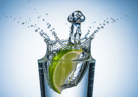 Fresh green lime wedge splashing vigorously into a glass of clear, effervescent water, captured in a dynamic high speed studio photograph creating a crown splash effect. refreshment and vitality concept.の素材