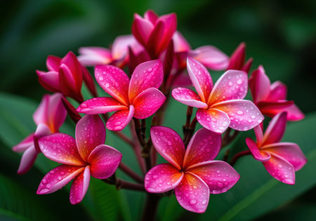 Vibrant cluster of pink and crimson plumeria flowers, also known as frangipani, covered in fresh water droplets. macro detail highlights the tropical beauty and lush green background.の素材