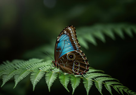 Blue morpho butterfly perched on a wet, vibrant green fern frond. the butterfly displays its striking brown and blue wings with distinct eyespots against a dark, moody jungle background.の素材