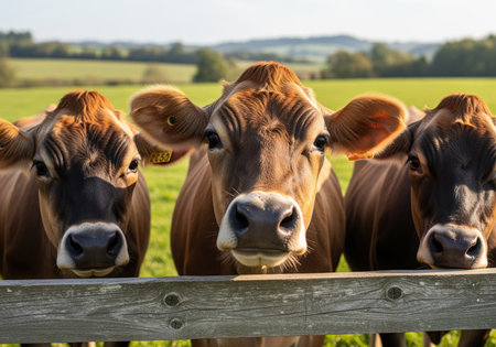 Three curious brown jersey cows stand close together, looking directly over a rustic wooden fence in a sunny, vibrant green farm field.の素材