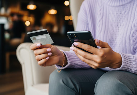 Woman wearing a purple sweater uses a mobile phone and bank card to complete an e commerce purchase or mobile banking payment indoors.の素材