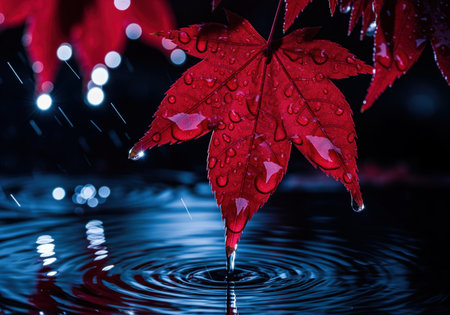 Vibrant red maple leaf glistening with fresh rainwater, captured in a dramatic macro shot. a droplet falls from the tip, creating concentric ripples in the dark water below, highlighted by blue bokeh lights.の素材